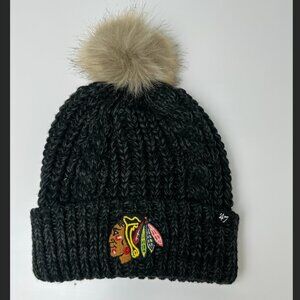 ’47 Brand Chicago Blackhawks Meeko Black Cuffed Knit Pom Beanie Women’s